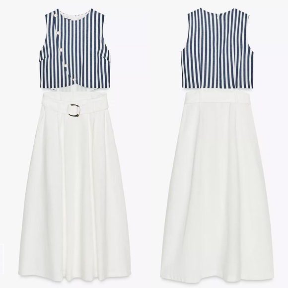 NWT Zara | Belted Linen Dress Waist Cut-out Navy Ivory Nautical coastal vibe - Picture 6 of 16